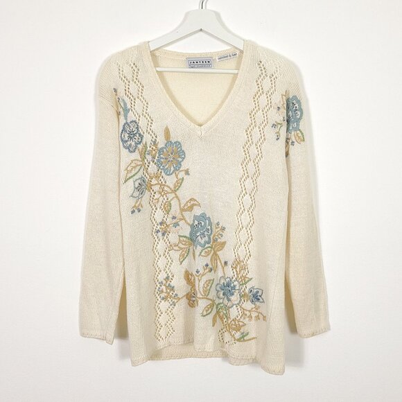 Vintage Cream Pointelle Embroidered Floral Sweater - Picture 1 of 8